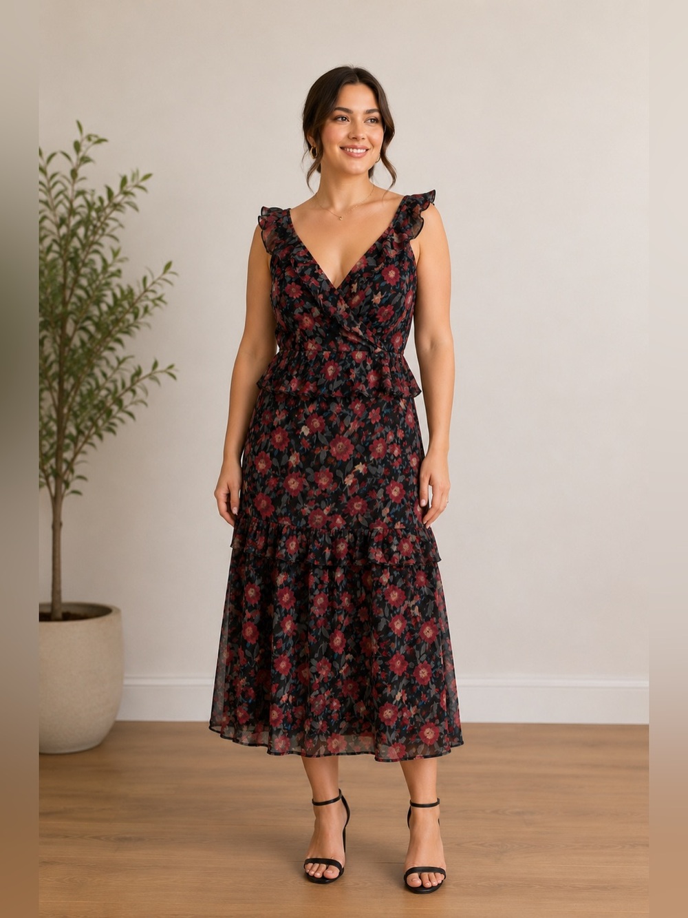 Arose Studio Black Floral Ruffle Midi Dress Women’s Large Romantic Cottagecore